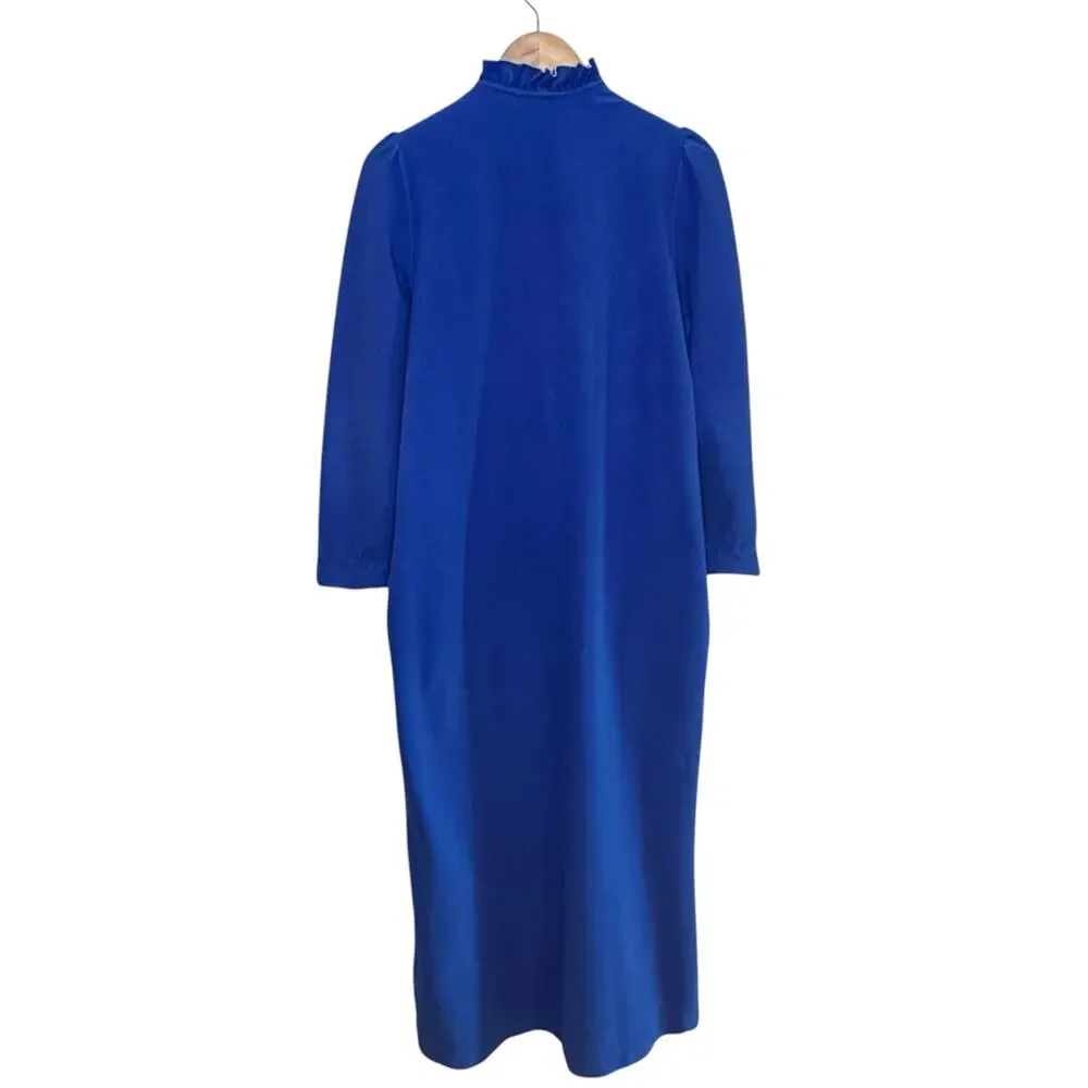 Vtg Beekman Place Blue Half Zip White Trimmed Smocked Robe House Coat Mumu - Picture 4 of 5